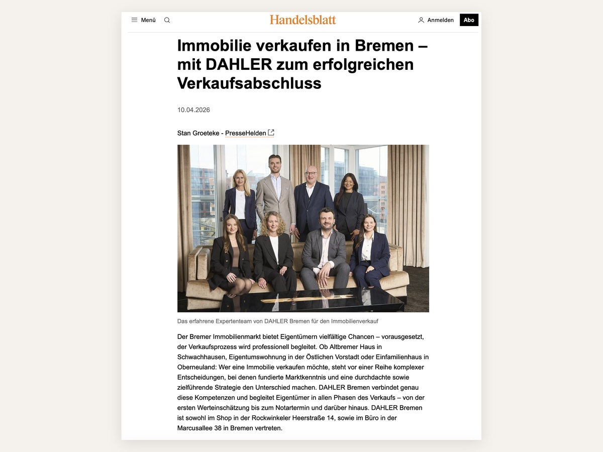 PresseHelden GmbH Project - Artikel over vastgoedverkoop in Bremen met DAHLER